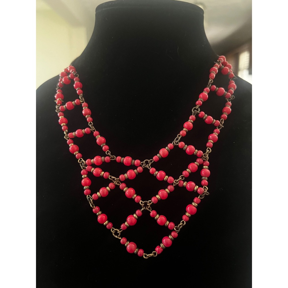 Vtg Boho Red Beaded Bib Statement Necklace Bronze Tone Lattice Web Design Womens